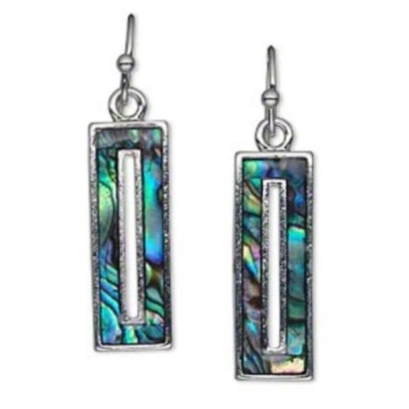 Organic Paua Abalone Shell Open Rectangle Silver Rhodium Plated Earrings - Picture 1 of 1